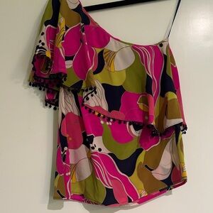 Trina Turk Pink and Green Off-Shoulder Blouse